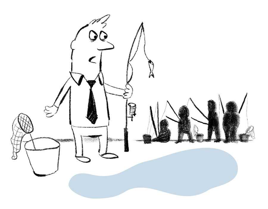 Wütender Angler mit kleinem Fisch